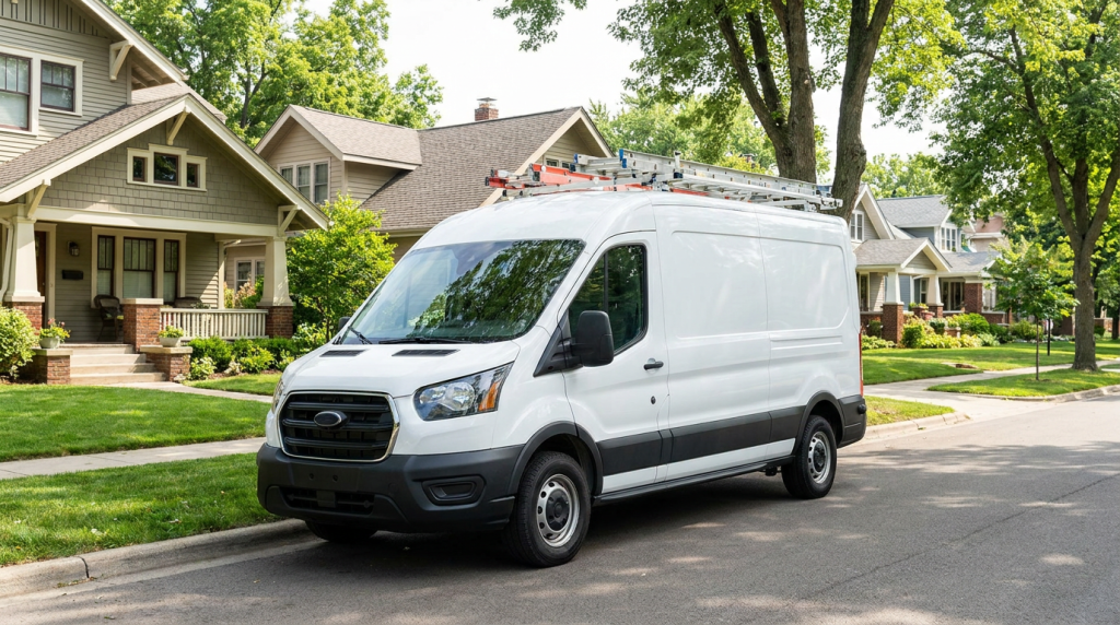 Clean plumbing service van in a suburban neighborhood representing local SEO for plumbers