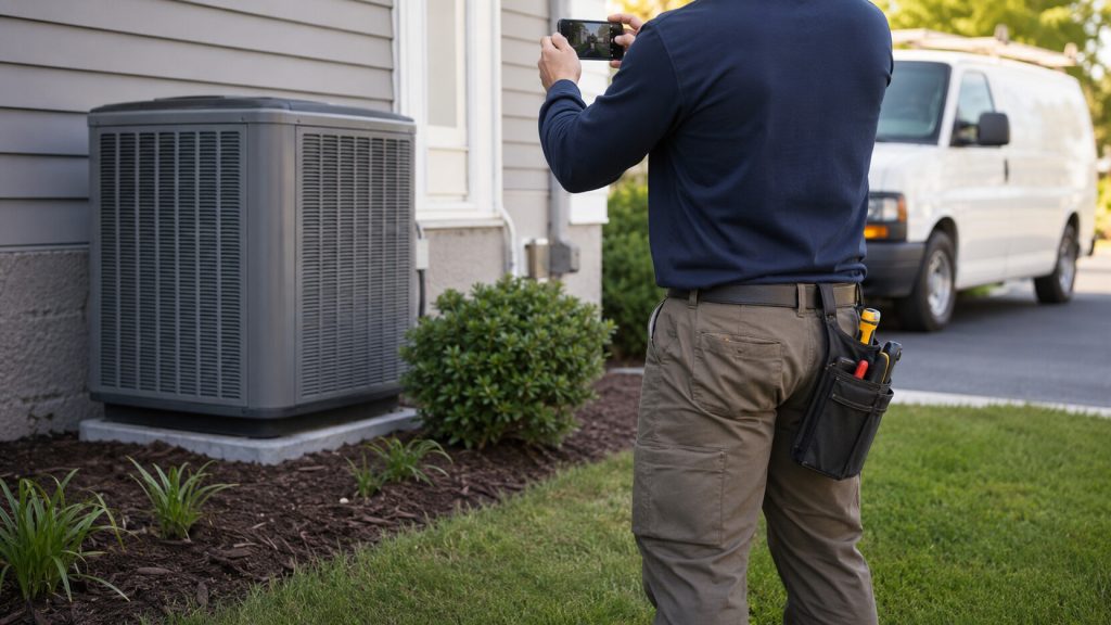 Home-service technician photographing a residential HVAC unit to document authentic contractor advertising proof.