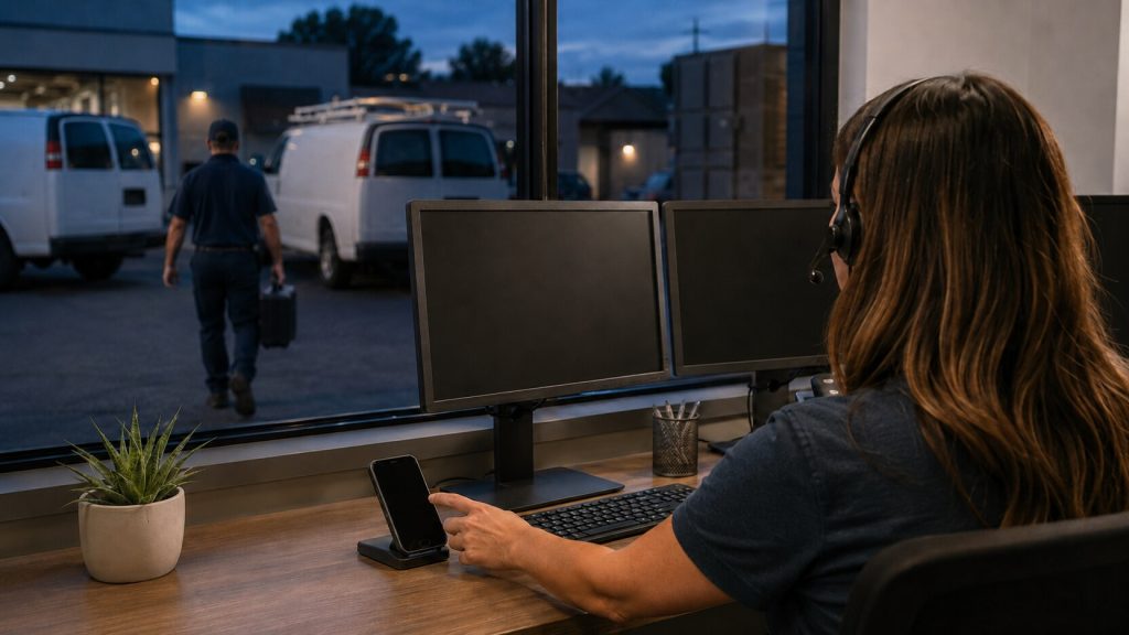Dispatcher handling a phone inquiry while a home-service technician leaves for an evening service call.