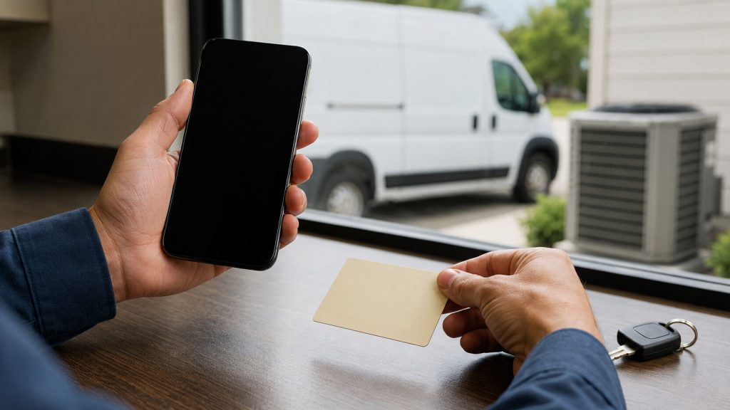 Dispatcher matching a phone inquiry to a home-service work order beside an unbranded service van and HVAC unit.