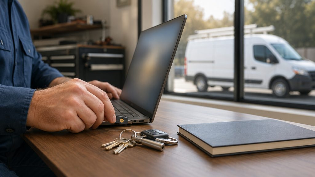 Contractor using a physical security key at a laptop with an unbranded service van outside.