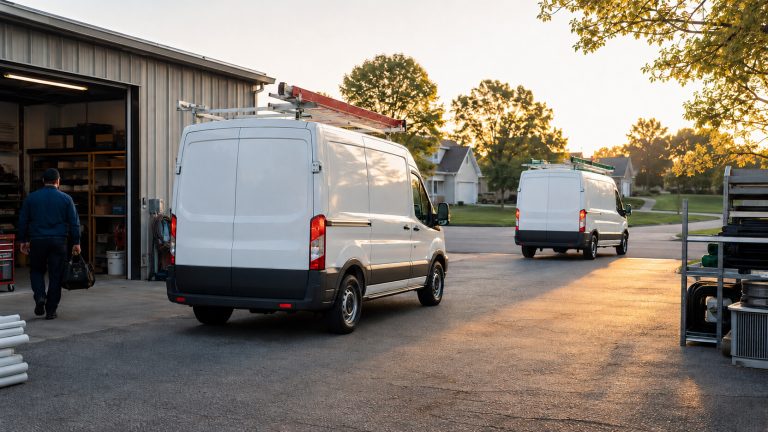 Two unbranded home-service vans leaving a contractor service yard for separate local markets.