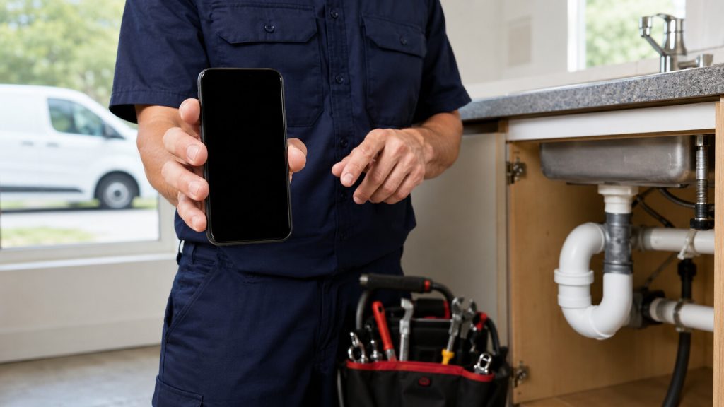 Plumber testing a mobile customer path beside an open kitchen sink cabinet and an unbranded service van.
