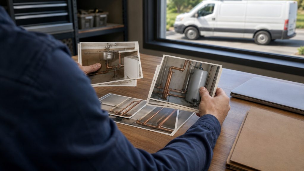 Contractor comparing older and current plumbing project photos while updating a service page.