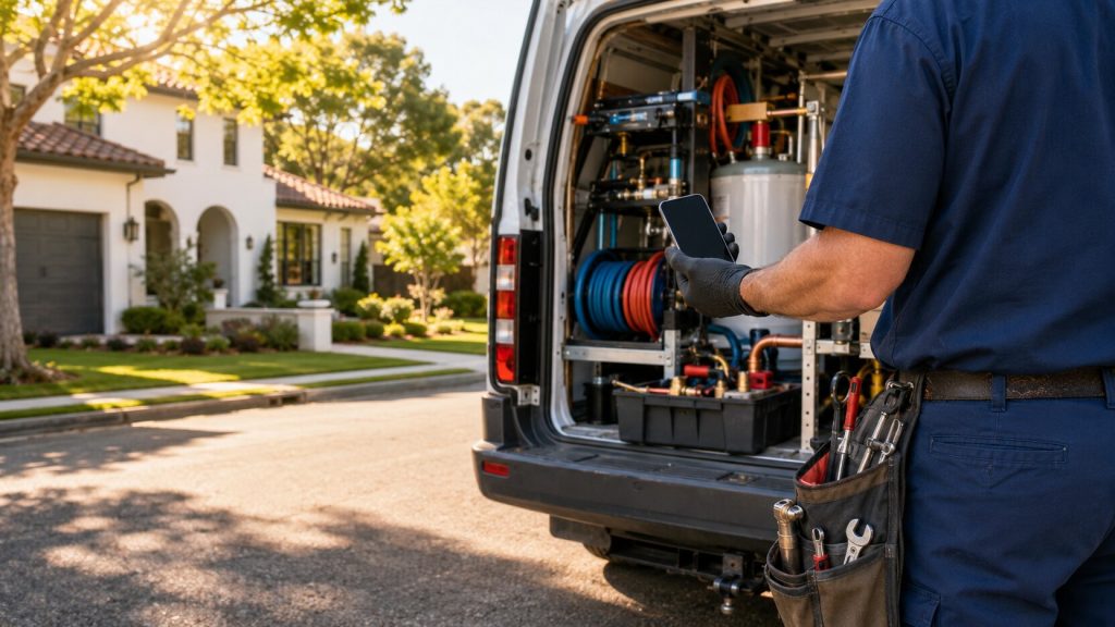 Home-service technician checking a blank phone beside an organized unbranded service van in a suburban neighborhood.