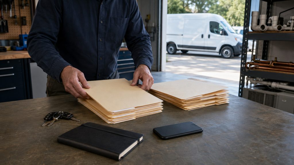 Contractor organizing service job folders beside vehicle keys and an unbranded work van