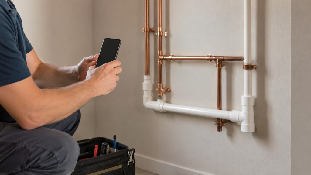 Technician photographing completed plumbing work for a contractor website project gallery.