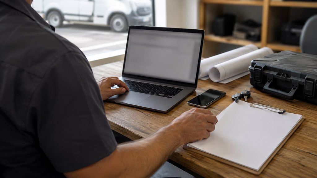 Home-service business owner reviewing Google Ads campaign settings at a dispatch office desk