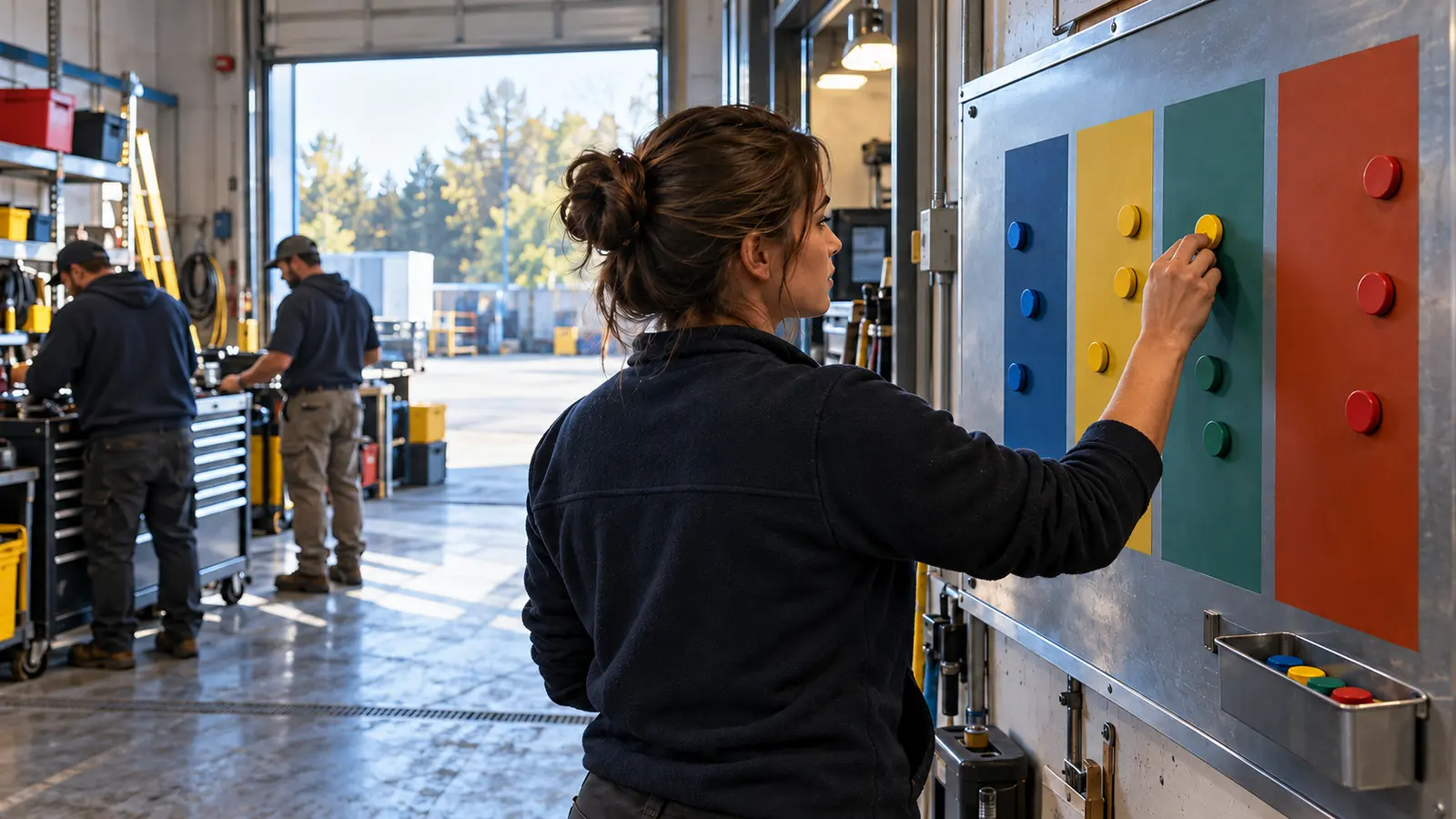 Dispatcher using a color-coded routing board in a home-service garage