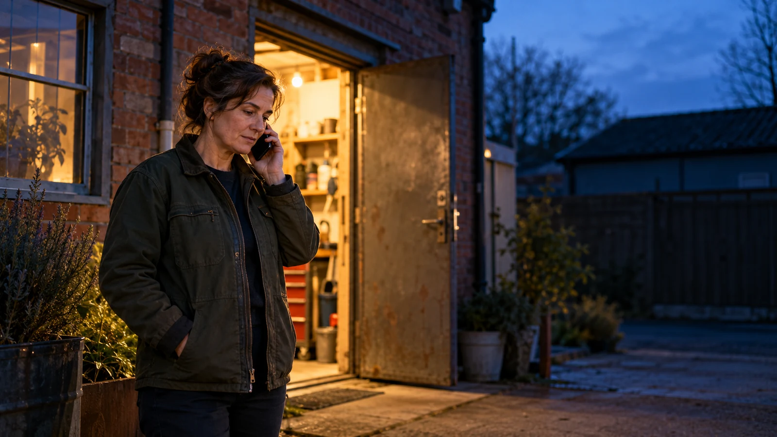 Contractor business owner speaking on a phone outside a workshop at dusk